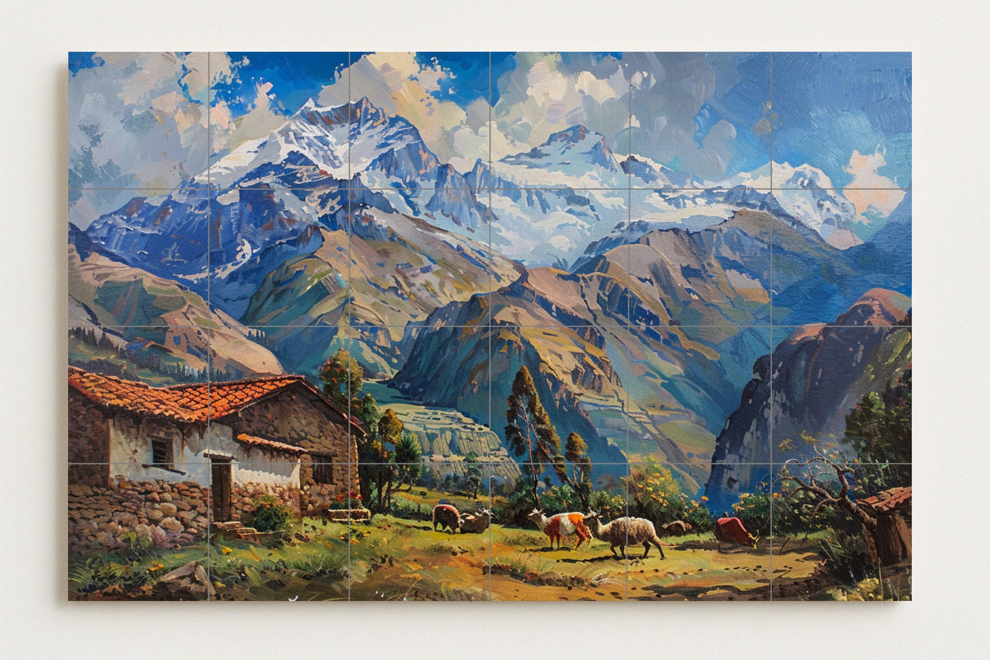 Andean Valley Mural • Mountain Village Tile Wall Art • Rustic Deck Decor • Pastoral Ridge Panel • Highland Farmhouse Pottery • Stone Dwelling