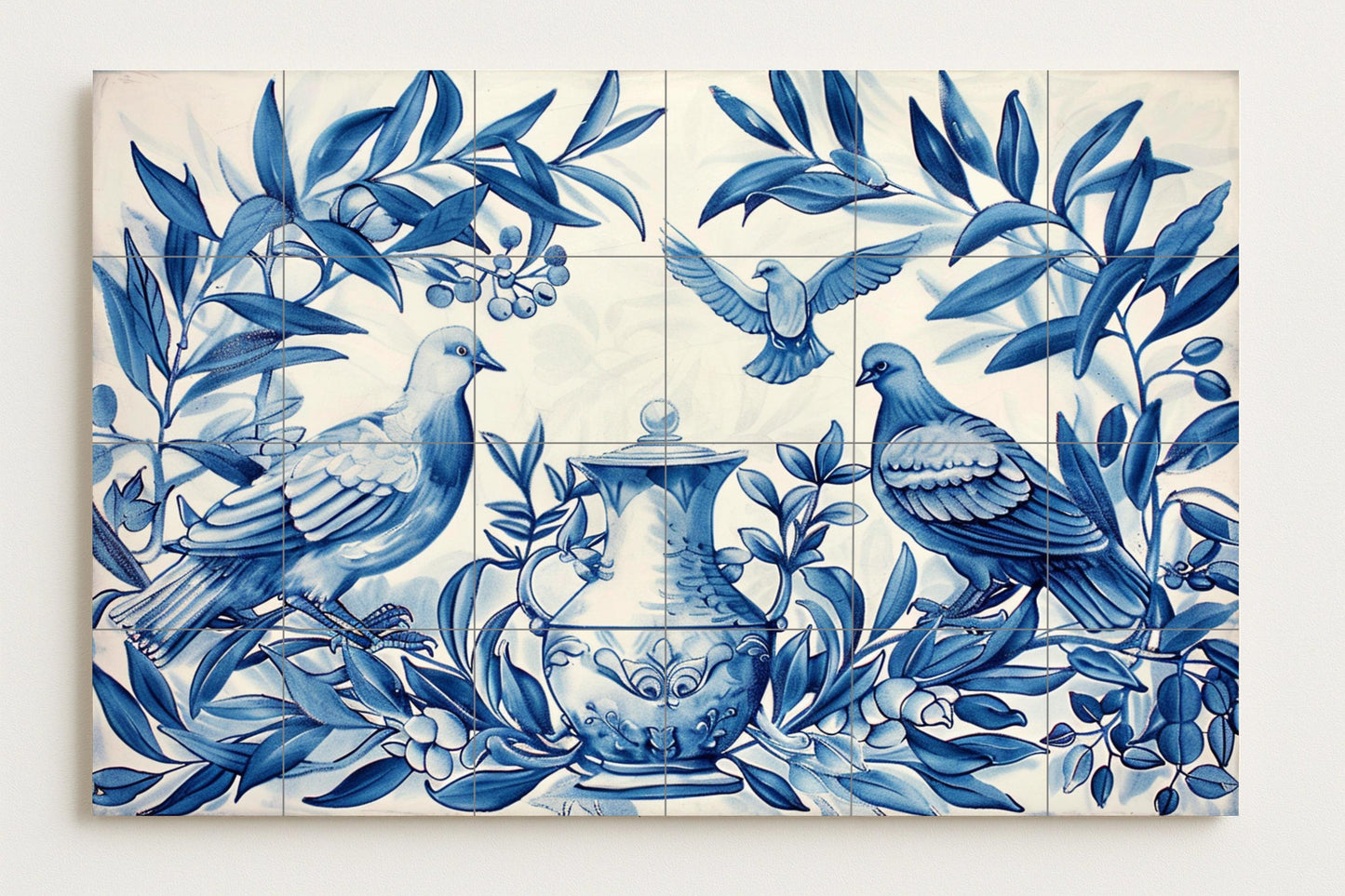 Blue Dove Mural • Classic Ceramic Tile Wall Art • Mediterranean Urn Decor • Peaceful Olive Tree Panel • Elegant Botanical Ceramics • Ceramic Art