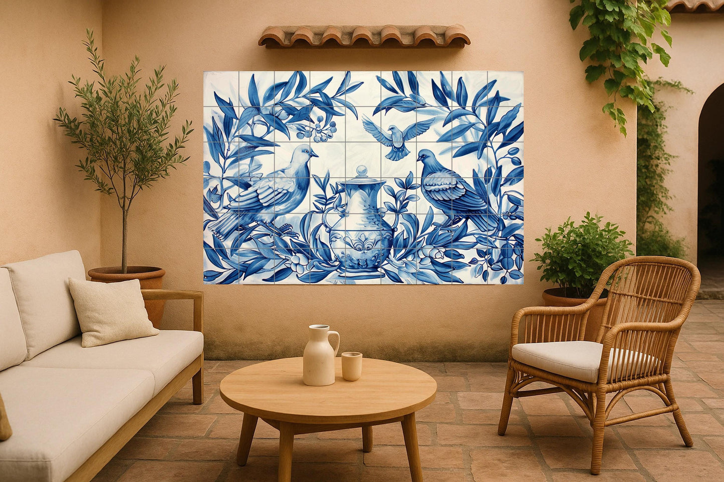 Blue Dove Mural • Classic Ceramic Tile Wall Art • Mediterranean Urn Decor • Peaceful Olive Tree Panel • Elegant Botanical Ceramics • Ceramic Art