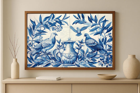 Blue Dove Mural • Classic Ceramic Tile Wall Art • Mediterranean Urn Decor • Peaceful Olive Tree Panel • Elegant Botanical Ceramics • Ceramic Art