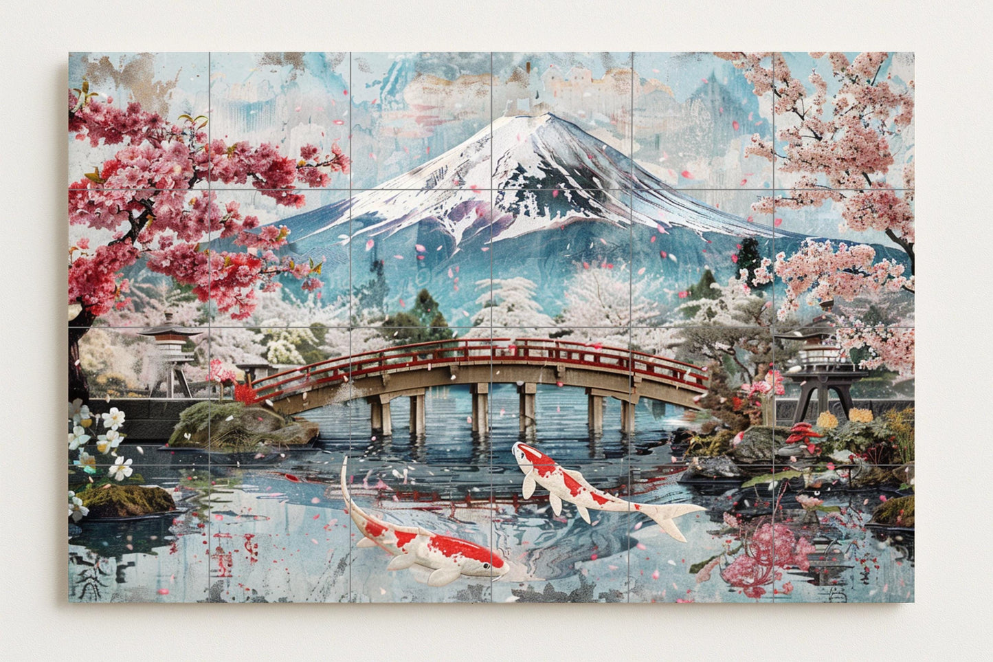 Japanese garden mural • Sakura koi tile wall art • Zen bridge decoration • Mount Fuji panel • Spring pond ceramic • Tranquil nature scene