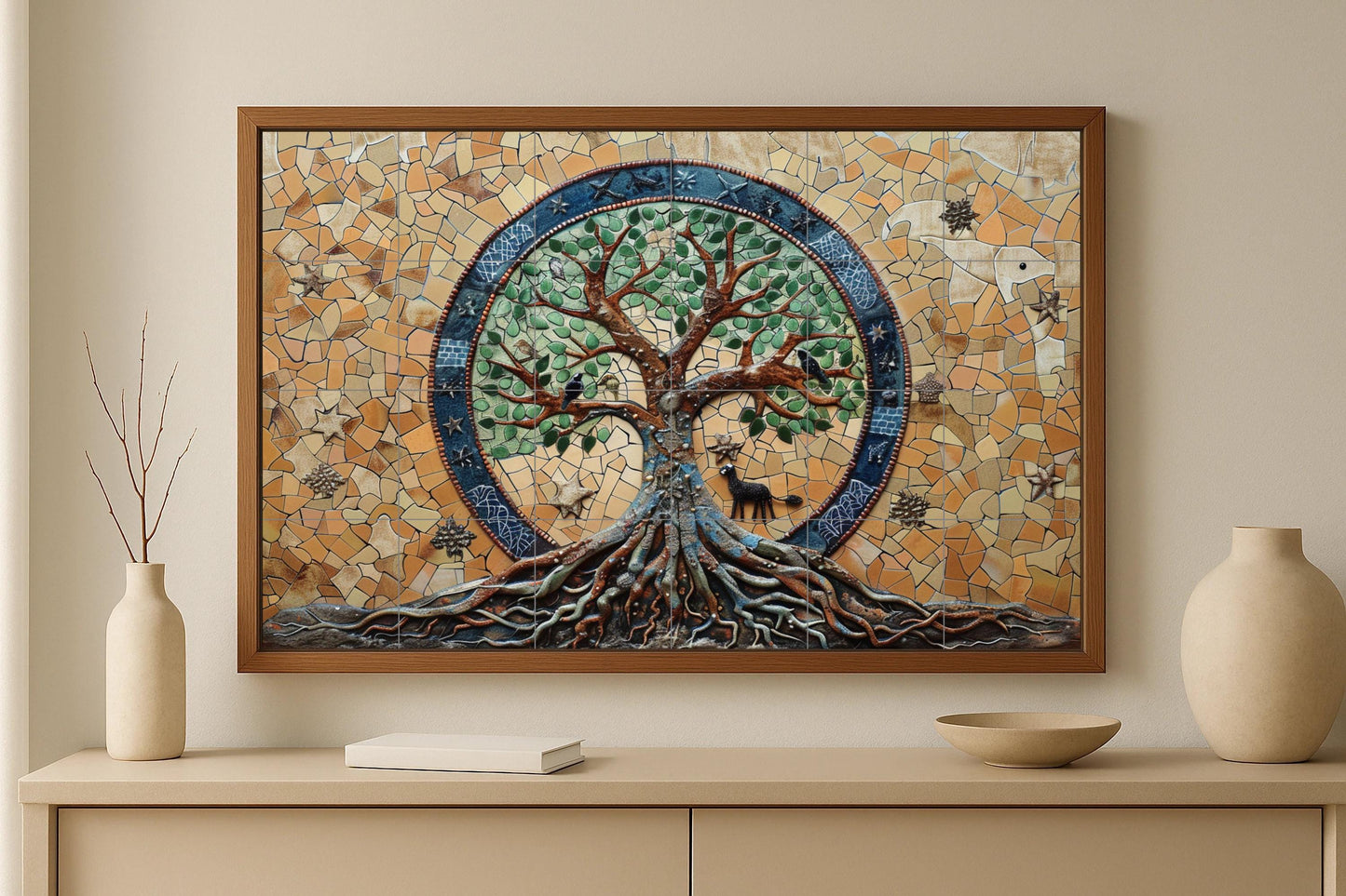 Tree of Life Mural • Earth Roots Tile Mural Art • Symbolic Nature Panel • Celestial Mosaic Decoration • Mythical Forest Ceramics • Animal Spirit