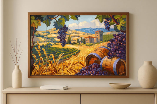 Wine region mural • Vineyard barrel wall tile • Grape valley decor • Mediterranean hillside panel • Winery kitchen art • Countryside wine fields