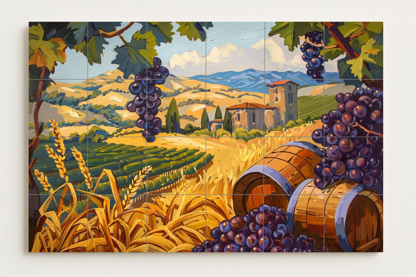 Wine region mural • Vineyard barrel wall tile • Grape valley decor • Mediterranean hillside panel • Winery kitchen art • Countryside wine fields