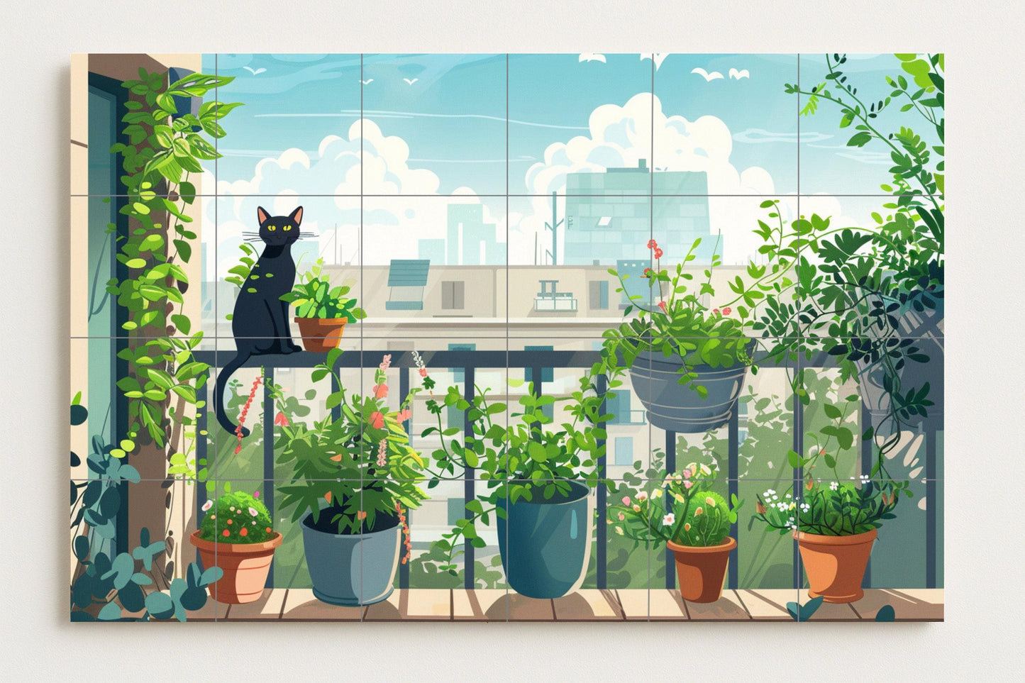 Cat mural for balcony • Urban garden tile wall art • Urban planter decor • Green corner panel • Tranquil ceramics for apartments • Indoor jungle charm