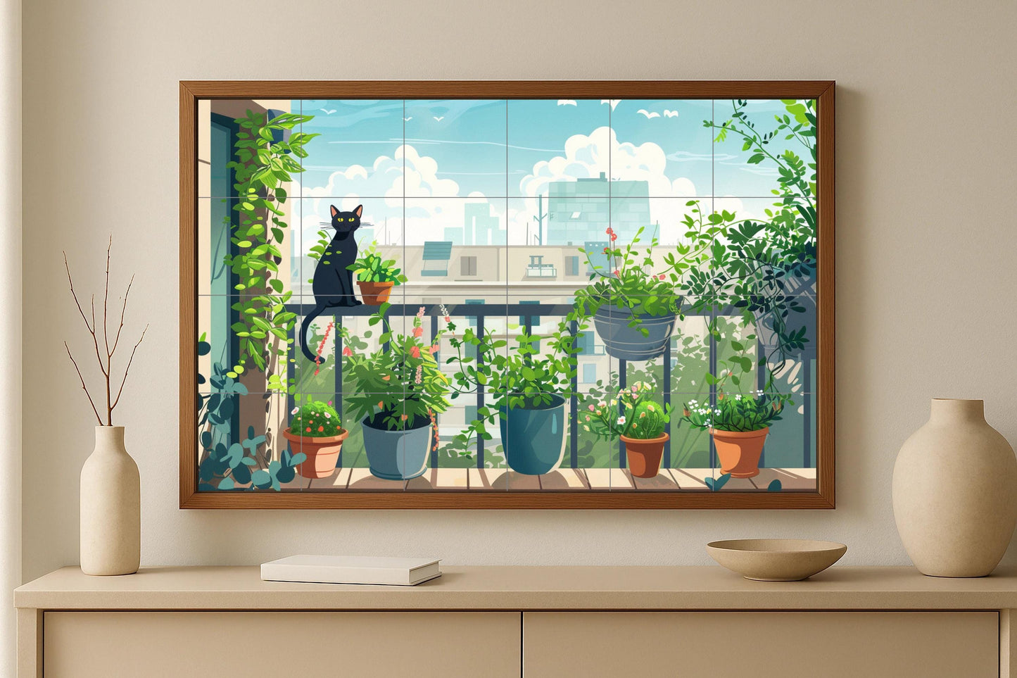 Cat mural for balcony • Urban garden tile wall art • Urban planter decor • Green corner panel • Tranquil ceramics for apartments • Indoor jungle charm
