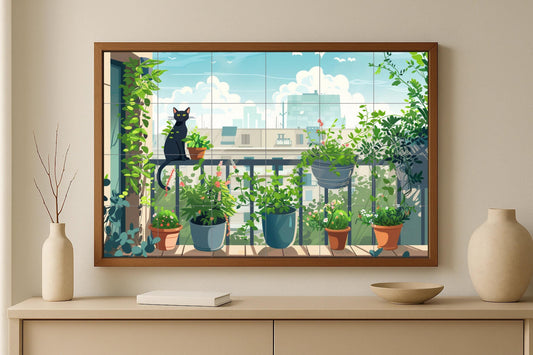Cat mural for balcony • Urban garden tile wall art • Urban planter decor • Green corner panel • Tranquil ceramics for apartments • Indoor jungle charm