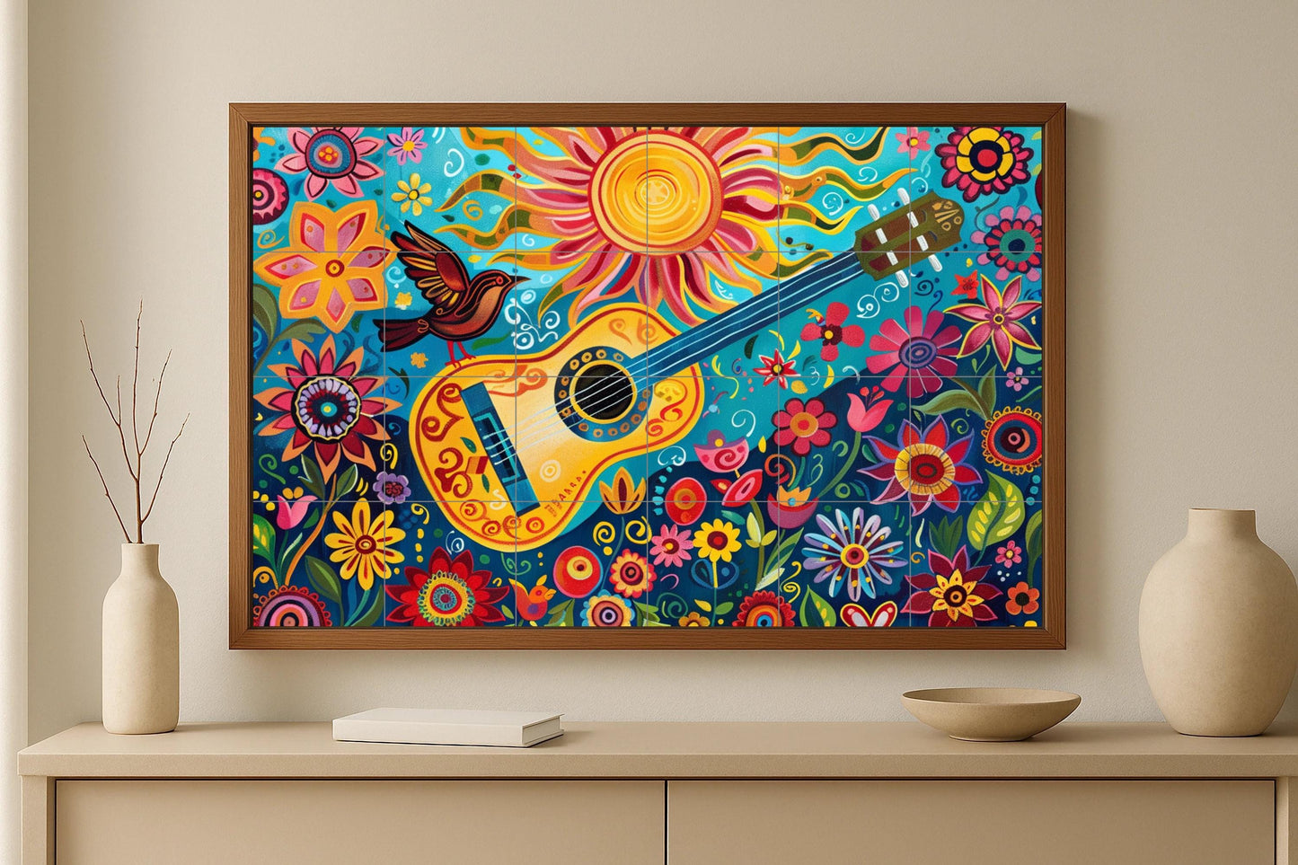 Folk guitar mural • Mexican floral tile mural art • Colorful musical decor • Latin folk panel • Festival kitchen piece • Bohemian musical fusion