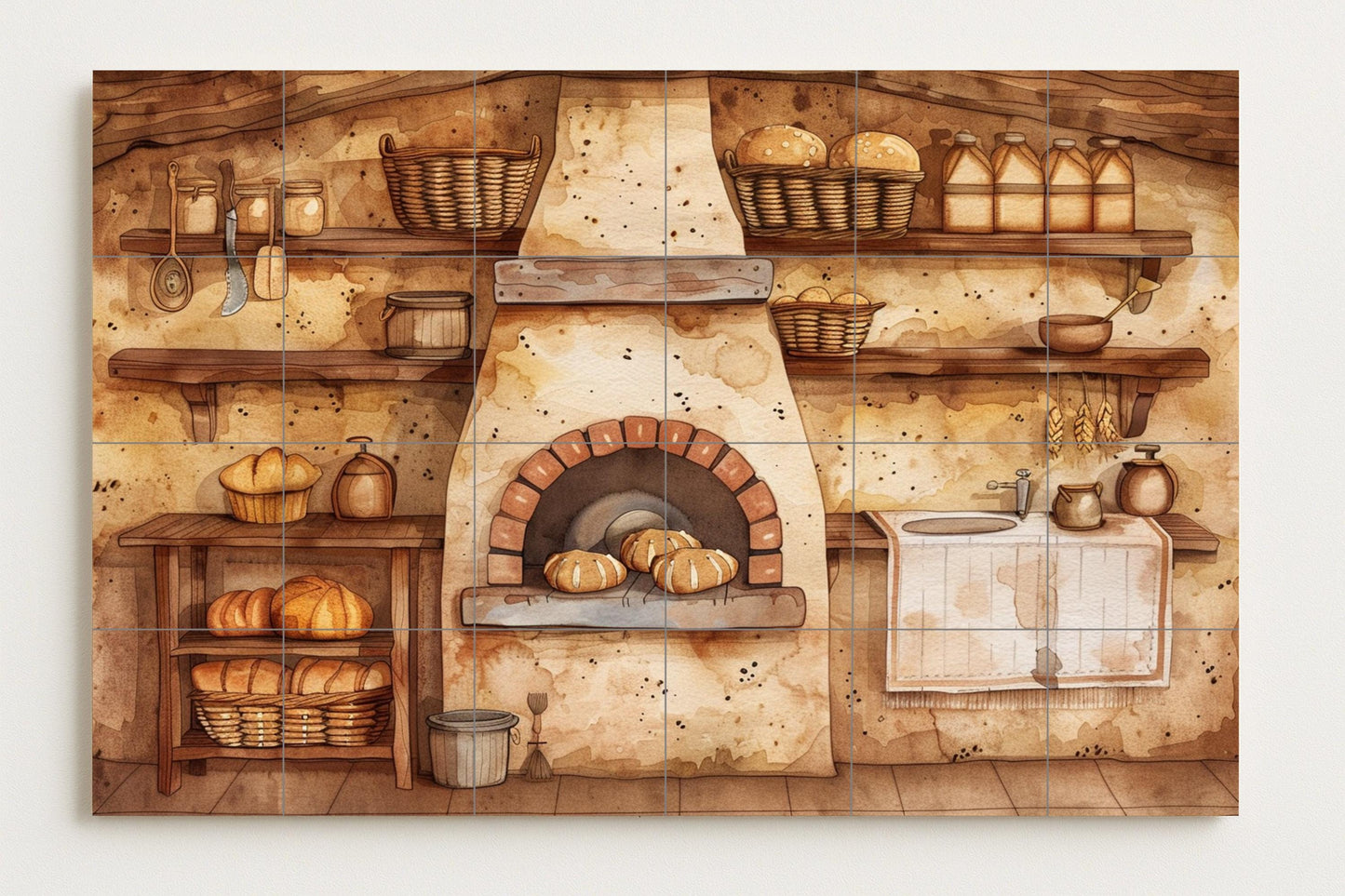 Bakery oven mural • Rustic bread wall tile • Artisan kitchen decor • Country pantry panel • Farmhouse charm • Vintage baking scene