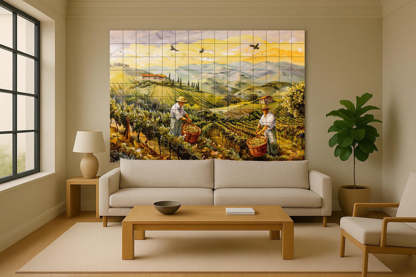 Vineyard mural • Italian country-style wall art • Rustic kitchen decor • Tuscan patio panel • Vintage • Winery elegance
