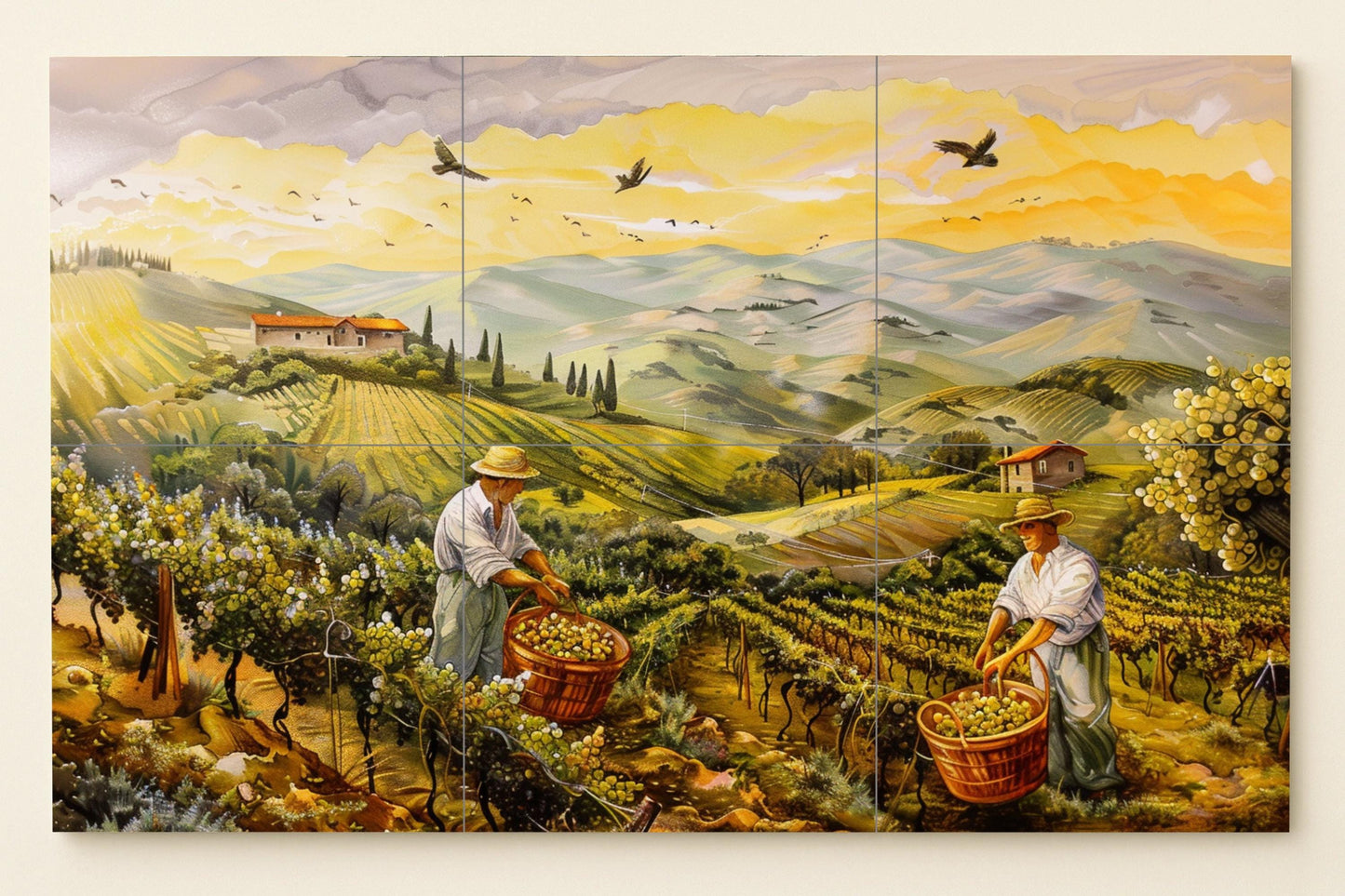 Vineyard mural • Italian country-style wall art • Rustic kitchen decor • Tuscan patio panel • Vintage • Winery elegance