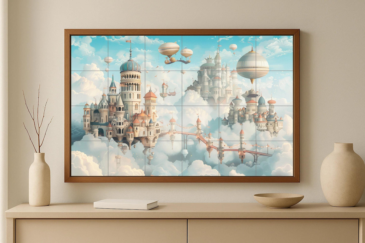 Floating Palace Mural • Celestial Kingdom Tile Wall Art • Dream Castle Decor • Fantasy Blimp Panel • Celestial Bridge Ceramics • Whimsical World