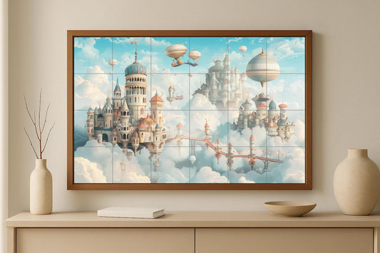 Floating Palace Mural • Celestial Kingdom Tile Wall Art • Dream Castle Decor • Fantasy Blimp Panel • Celestial Bridge Ceramics • Whimsical World