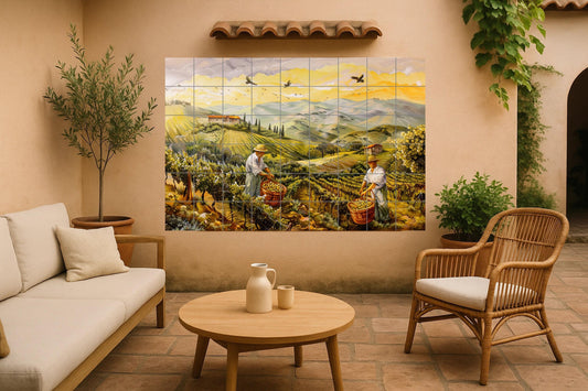 Vineyard mural • Italian country-style wall art • Rustic kitchen decor • Tuscan patio panel • Vintage • Winery elegance