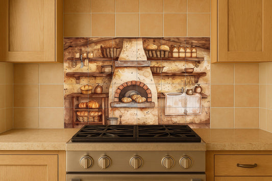 Bakery oven mural • Rustic bread wall tile • Artisan kitchen decor • Country pantry panel • Farmhouse charm • Vintage baking scene