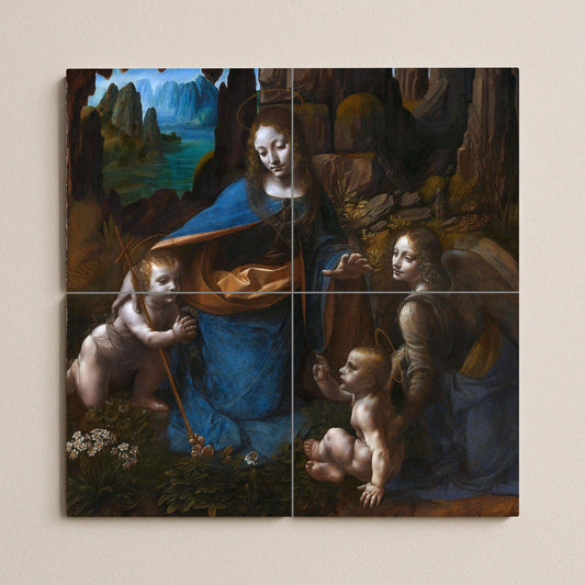 Virgin of the Rocks by Leonardo da Vinci: Renaissance ceramic mural, sacred art tile panel, classic devotional wall decoration