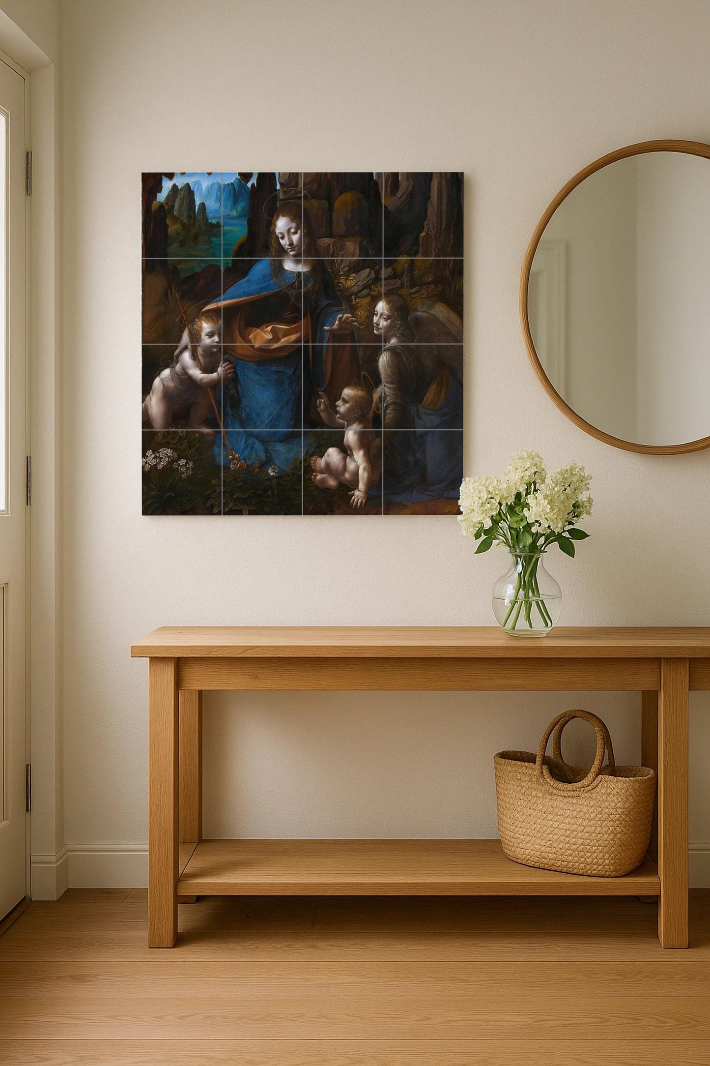 Virgin of the Rocks by Leonardo da Vinci: Renaissance ceramic mural, sacred art tile panel, classic devotional wall decoration