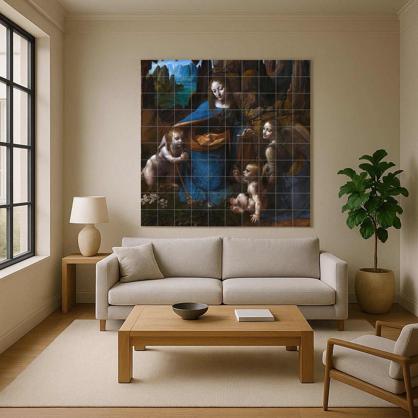Virgin of the Rocks by Leonardo da Vinci: Renaissance ceramic mural, sacred art tile panel, classic devotional wall decoration
