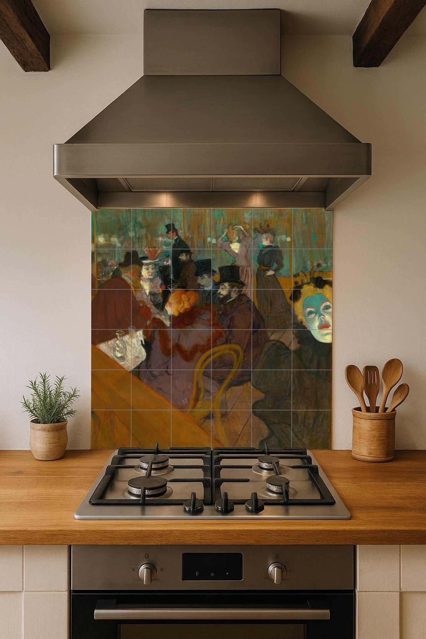 Toulouse-Lautrec's Moulin Rouge: Art Nouveau ceramic mural, Parisian cabaret tile, bohemian wall panel, vintage night scene