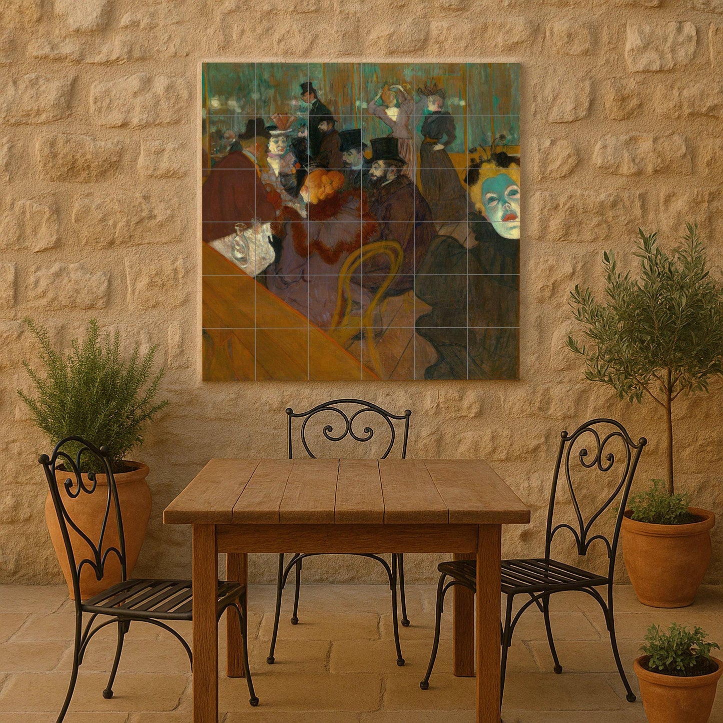 Toulouse-Lautrec's Moulin Rouge: Art Nouveau ceramic mural, Parisian cabaret tile, bohemian wall panel, vintage night scene