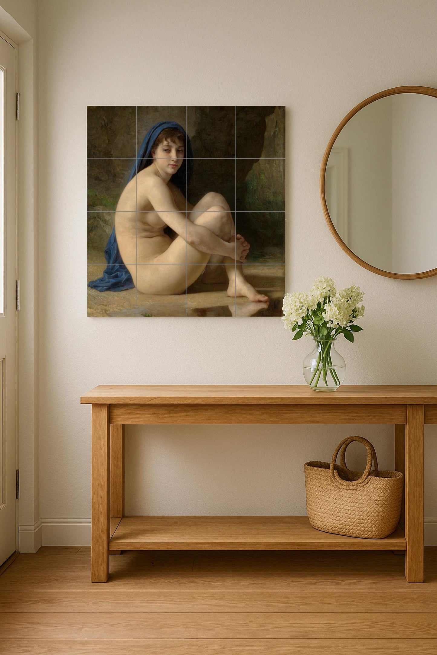 Seated Nude by Bouguereau: Classical ceramic wall panel, Artistic nude tile, Academic wall relief, Serene French masterpiece