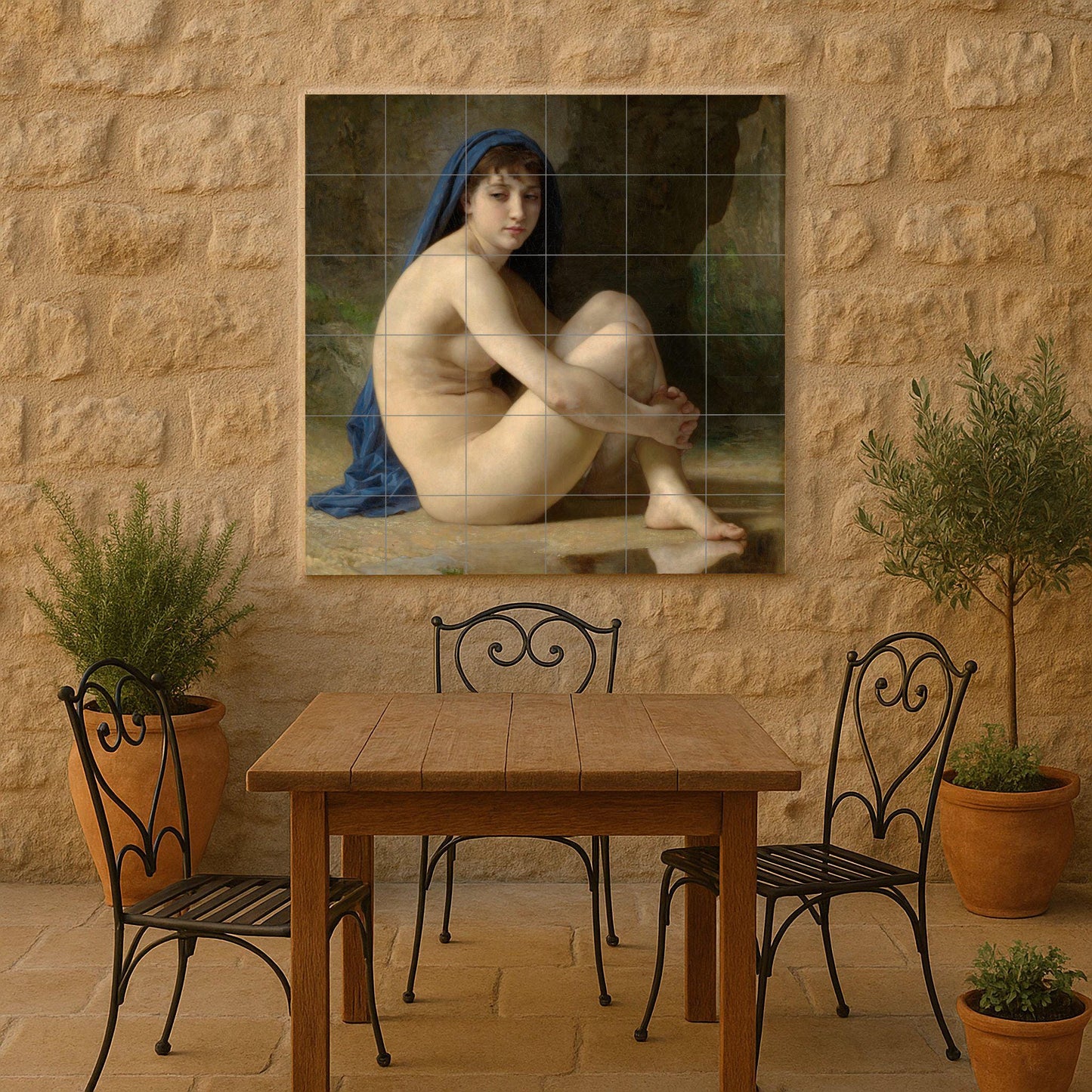 Seated Nude by Bouguereau: Classical ceramic wall panel, Artistic nude tile, Academic wall relief, Serene French masterpiece