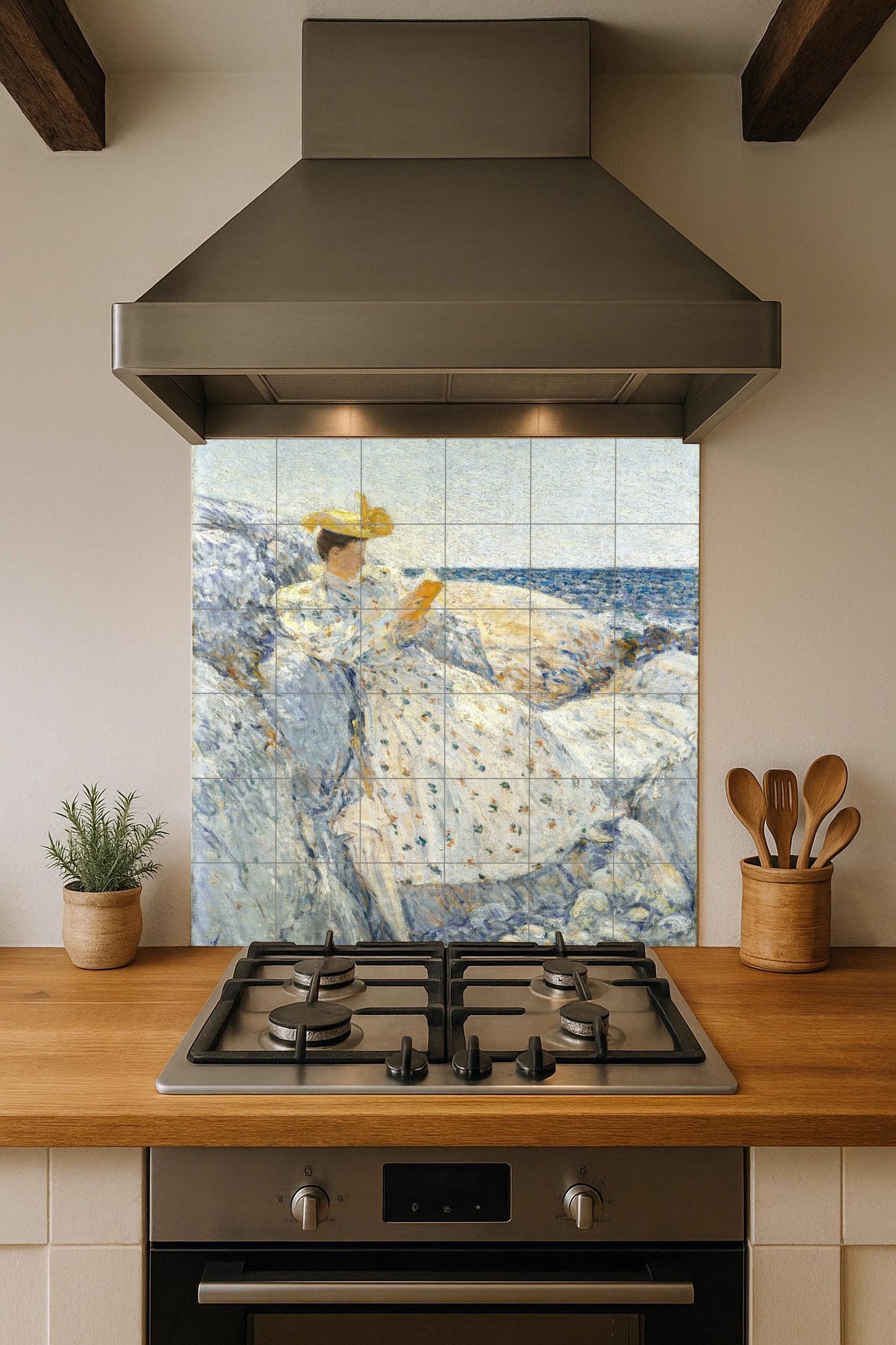 Childe Hassam's Coastal Reader: Ceramic Wall Panel, Impressionist Coastal Tile, Literary Cottage Wall Decor, Ocean Scene Art