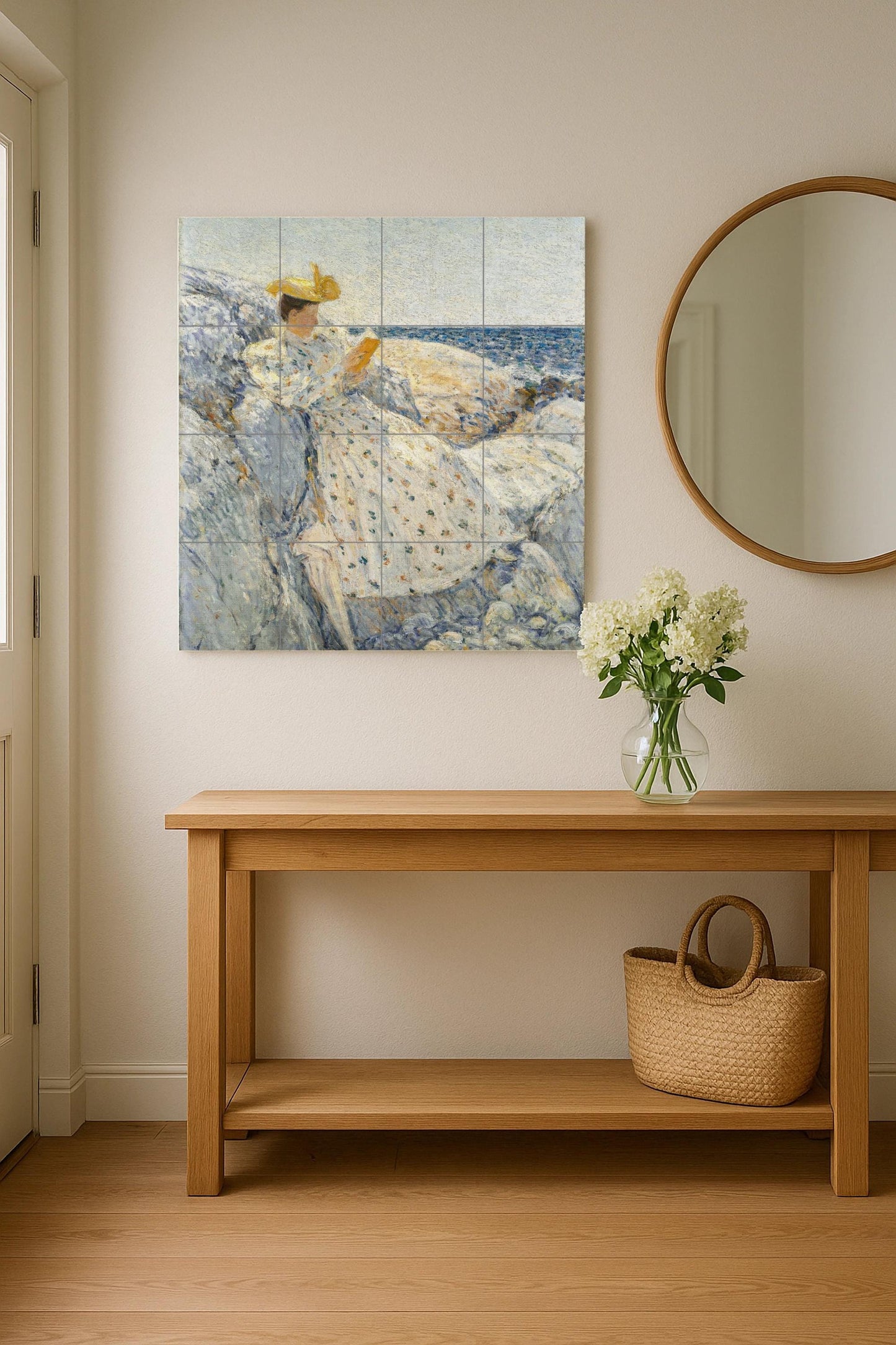 Childe Hassam's Coastal Reader: Ceramic Wall Panel, Impressionist Coastal Tile, Literary Cottage Wall Decor, Ocean Scene Art