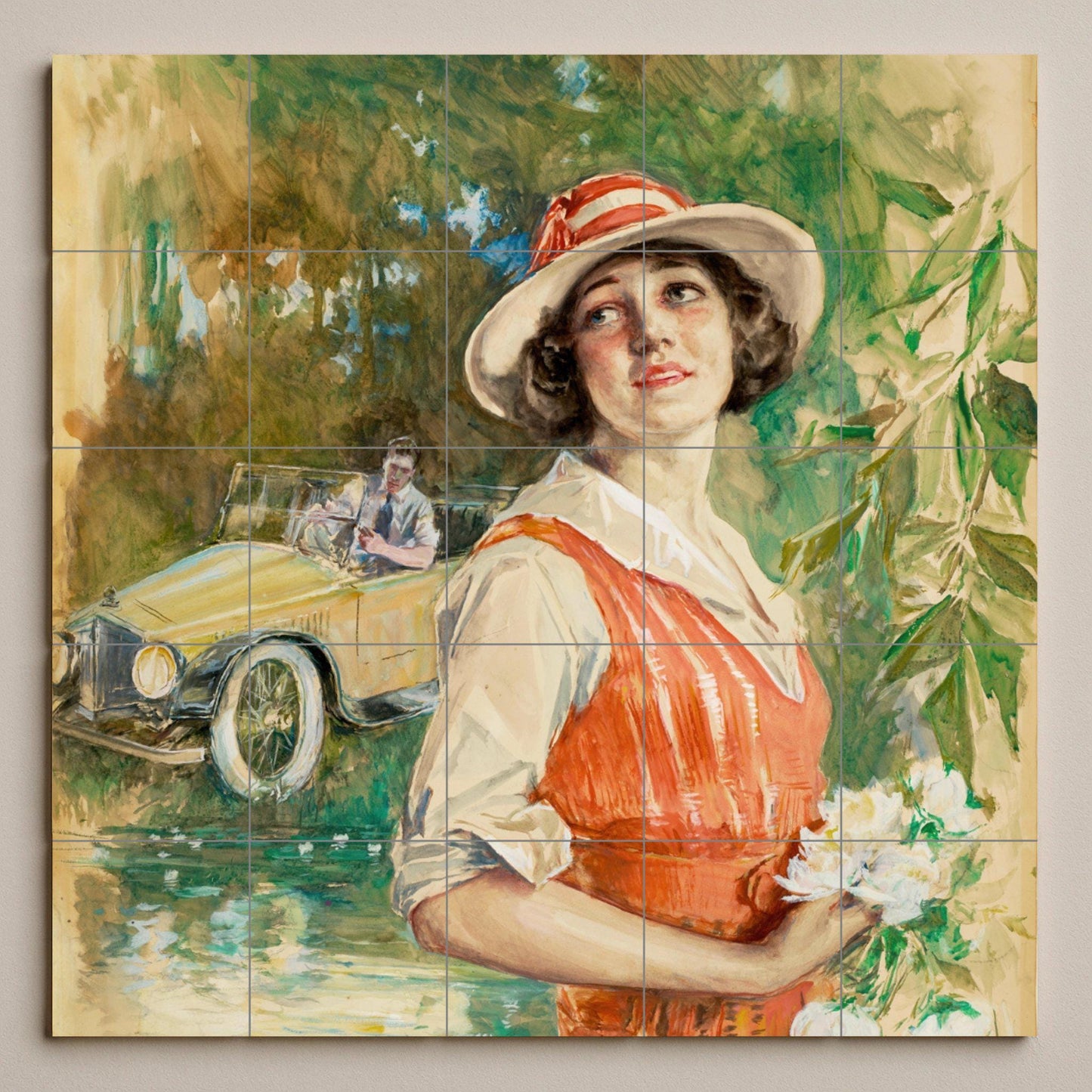 Romantic 1920s Mural: Retro Ceramic Tile Panel, Fairy Tale Cottagecore Art, Vintage Summer Scene, Nostalgic Kitchen Decor