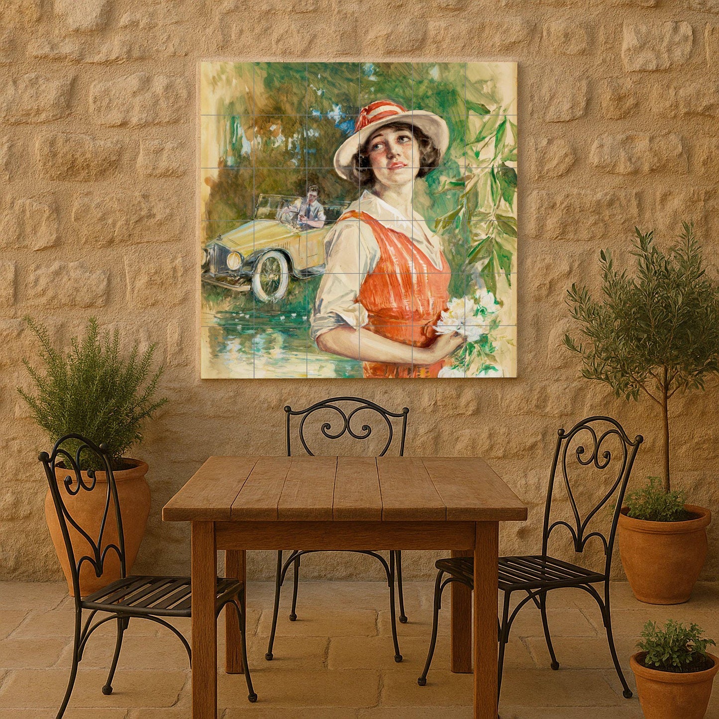 Romantic 1920s Mural: Retro Ceramic Tile Panel, Fairy Tale Cottagecore Art, Vintage Summer Scene, Nostalgic Kitchen Decor