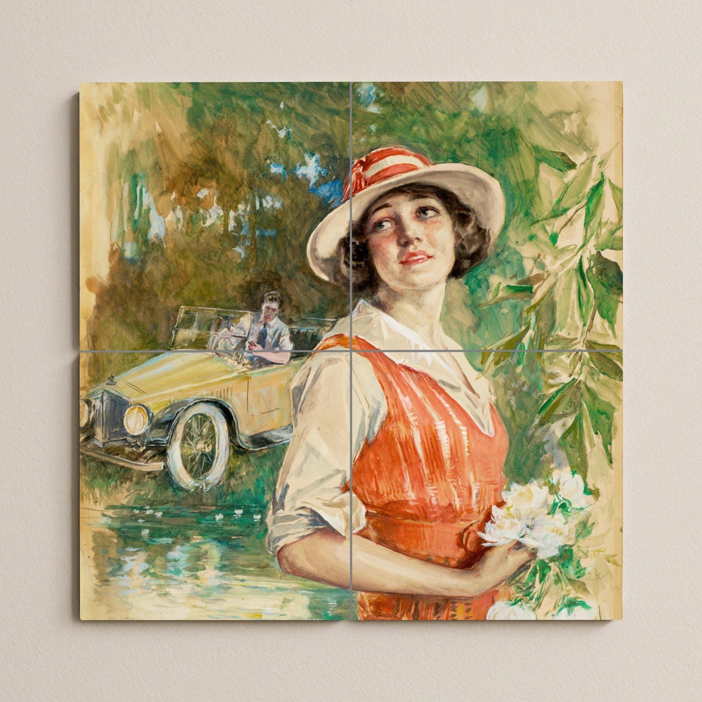Romantic 1920s Mural: Retro Ceramic Tile Panel, Fairy Tale Cottagecore Art, Vintage Summer Scene, Nostalgic Kitchen Decor