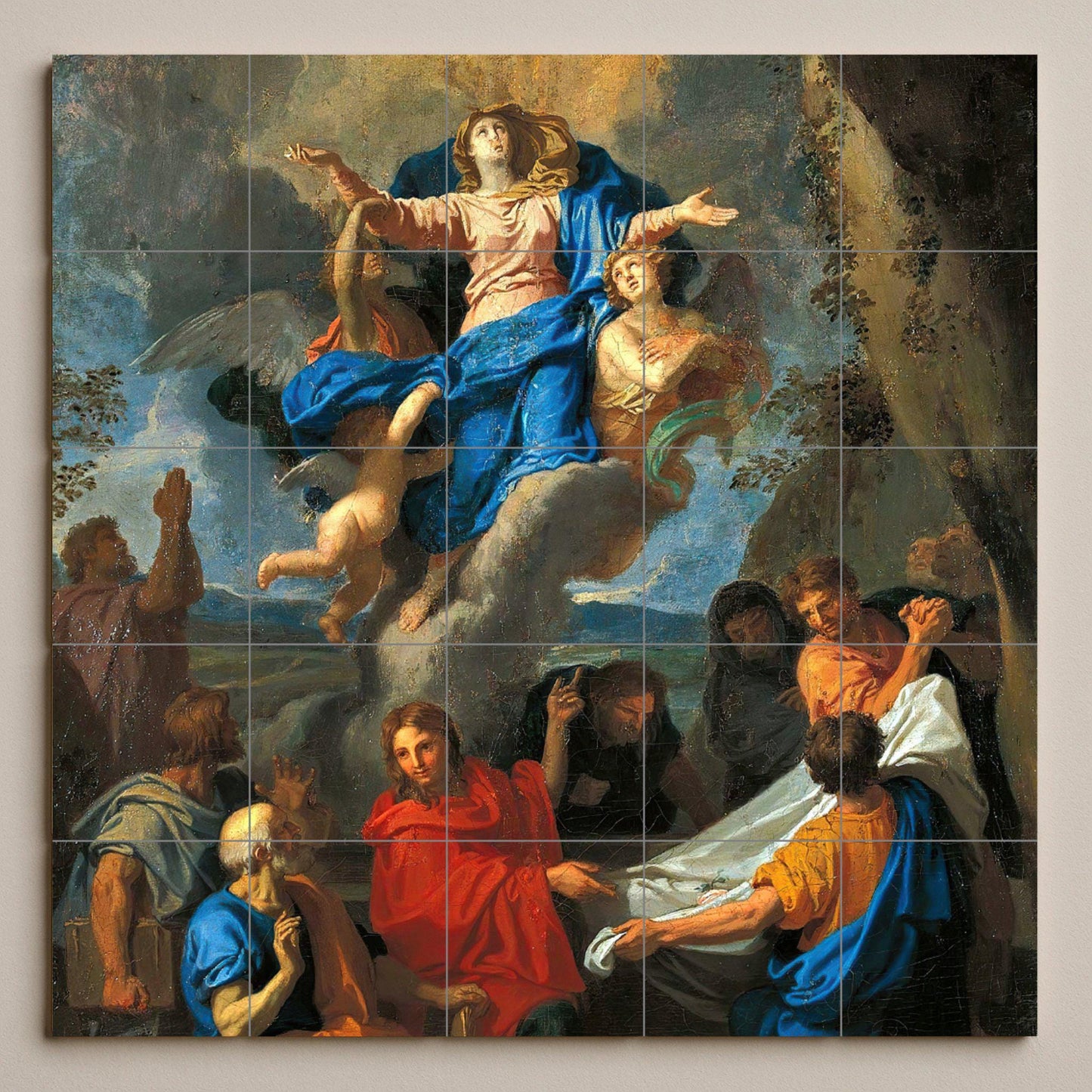 Tile mural of the Assumption of Mary – Baroque Marian ceramic panel – Sacred wall art for chapel or home – Catholic devotional gift piece