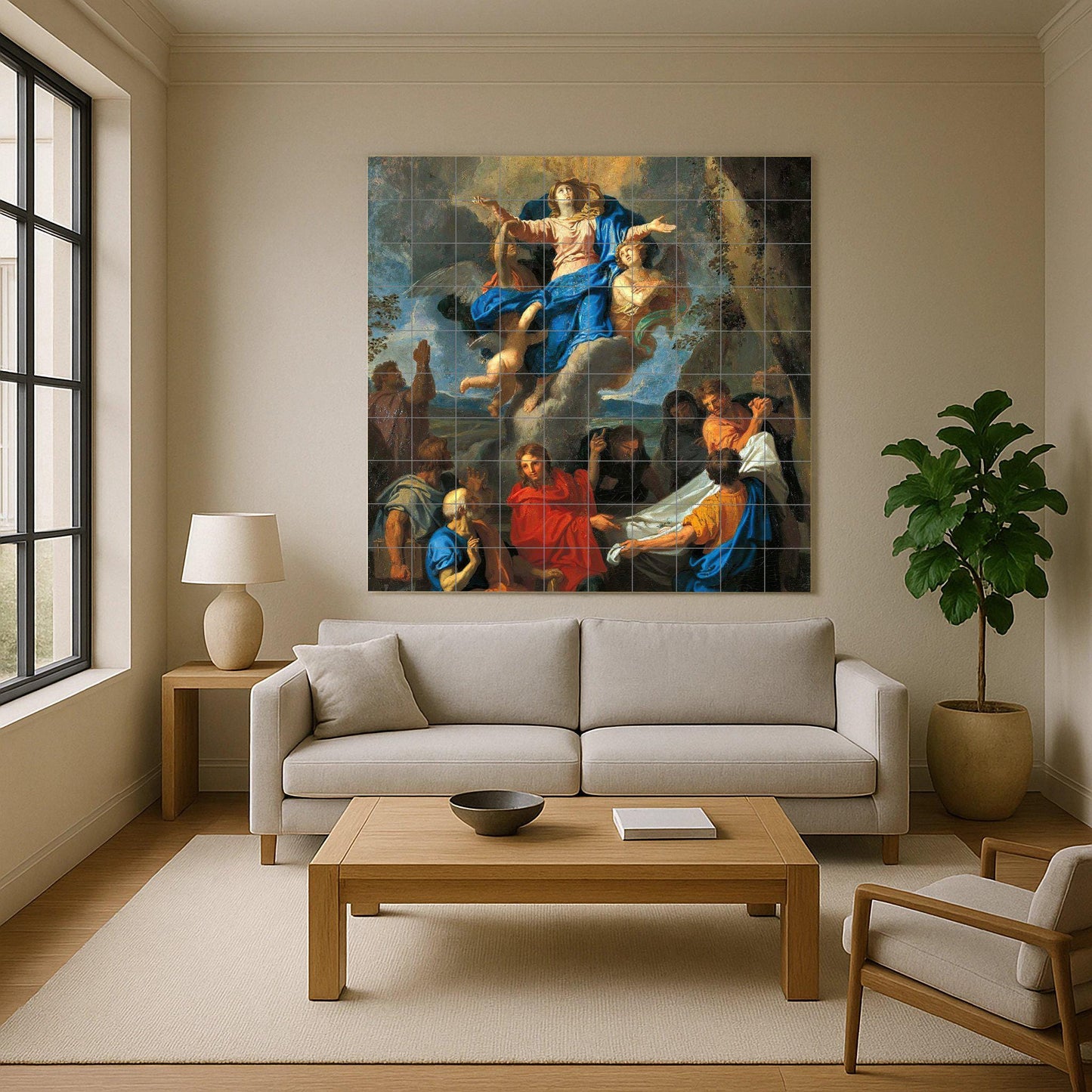 Tile mural of the Assumption of Mary – Baroque Marian ceramic panel – Sacred wall art for chapel or home – Catholic devotional gift piece