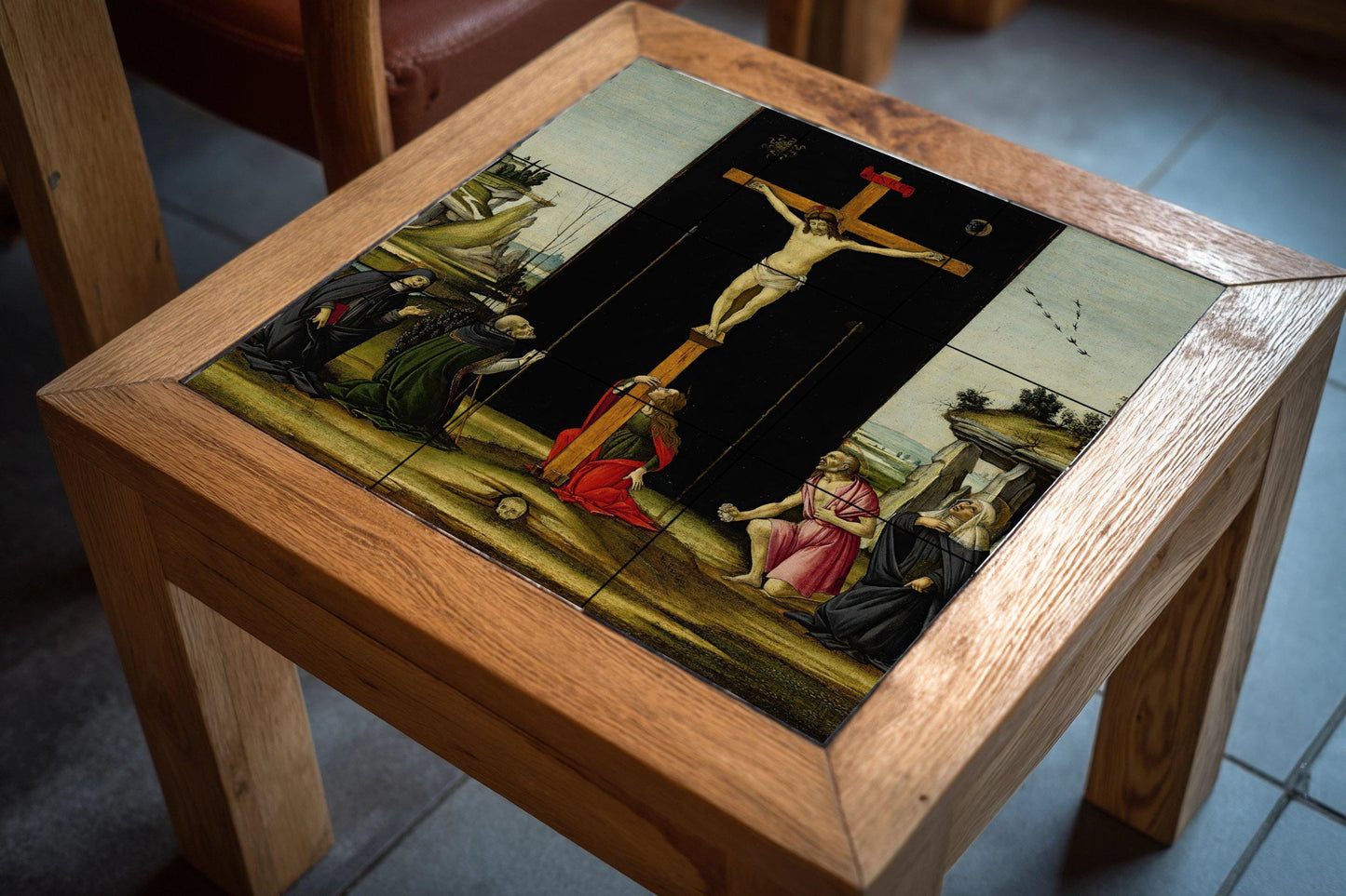 Tile mural of the Crucifixion of Christ – Christian sacred ceramic panel – Renaissance Passion scene – Devotional wall art for prayer spaces