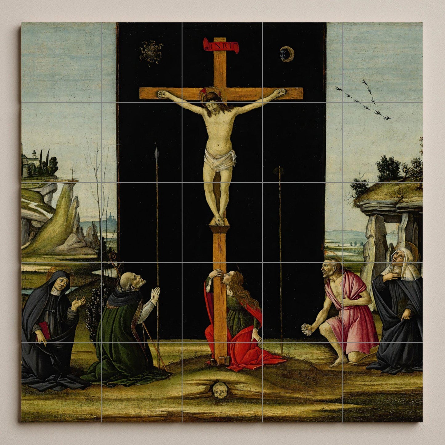 Tile mural of the Crucifixion of Christ – Christian sacred ceramic panel – Renaissance Passion scene – Devotional wall art for prayer spaces