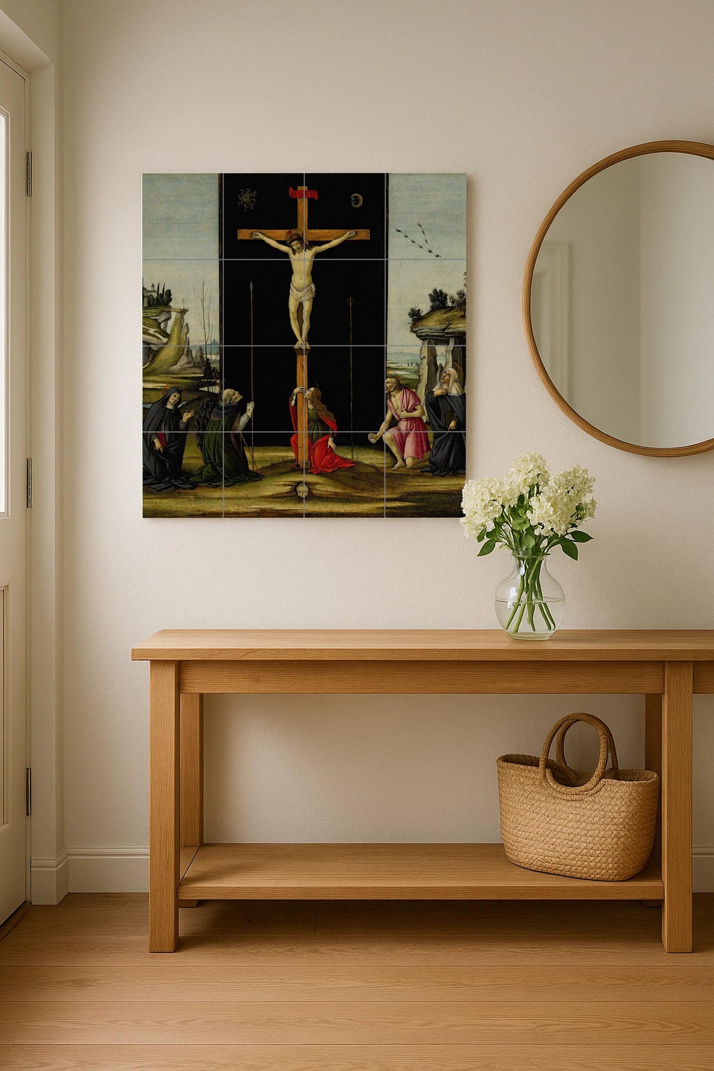 Tile mural of the Crucifixion of Christ – Christian sacred ceramic panel – Renaissance Passion scene – Devotional wall art for prayer spaces