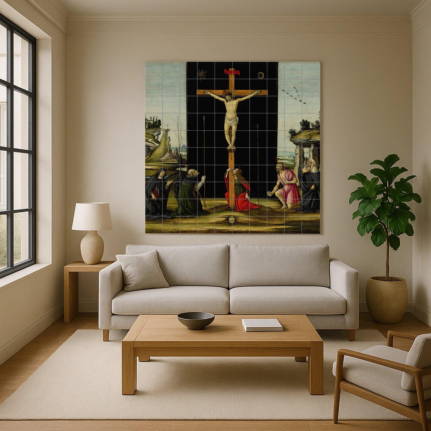 Tile mural of the Crucifixion of Christ – Christian sacred ceramic panel – Renaissance Passion scene – Devotional wall art for prayer spaces
