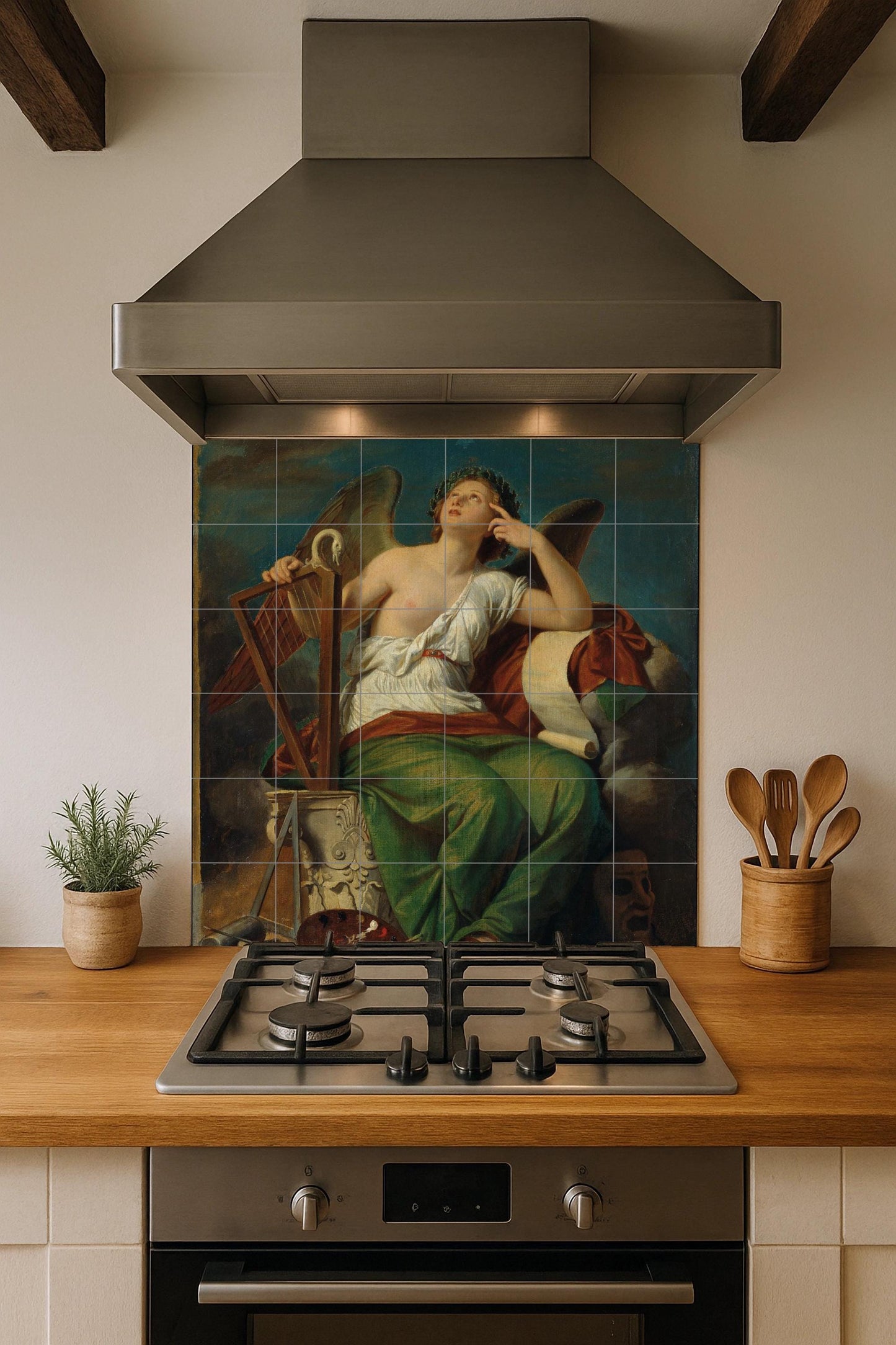 Tile mural of the Muse of History – Classical Greek art ceramic panel – Neoclassical goddess with scroll, lyre and mask – Mythological wall decoration