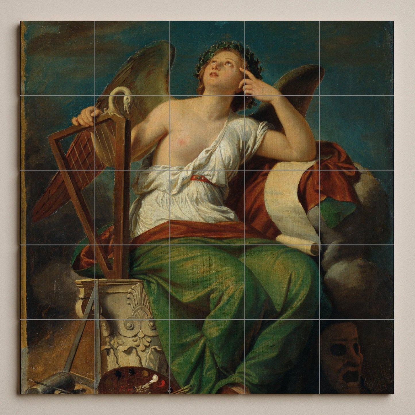Tile mural of the Muse of History – Classical Greek art ceramic panel – Neoclassical goddess with scroll, lyre and mask – Mythological wall decoration