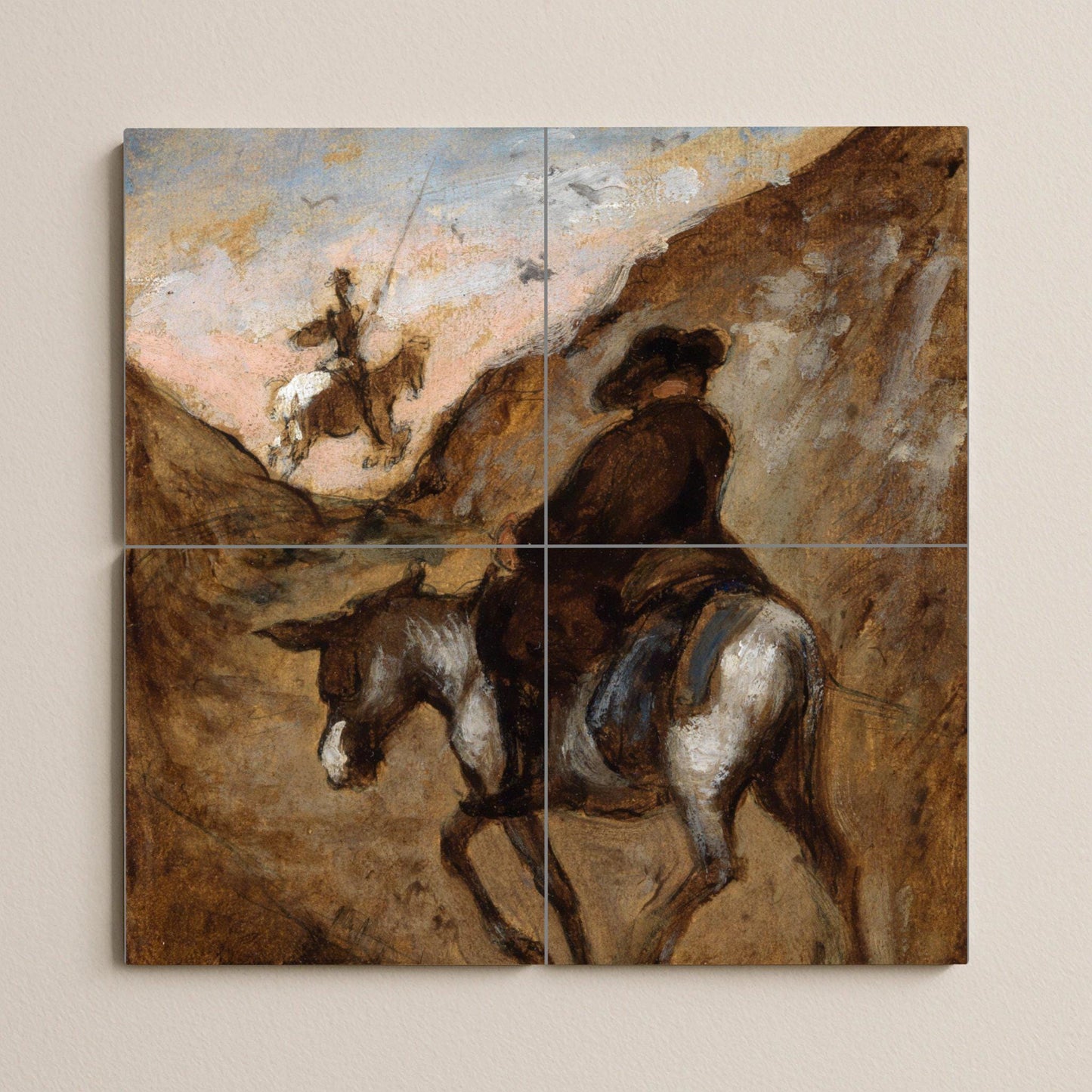 Don Quixote Tile Mural – Ceramic Literary Art Panel – Rustic Spanish Scene with Horse and Donkey – Classic Adventure Wall Decor