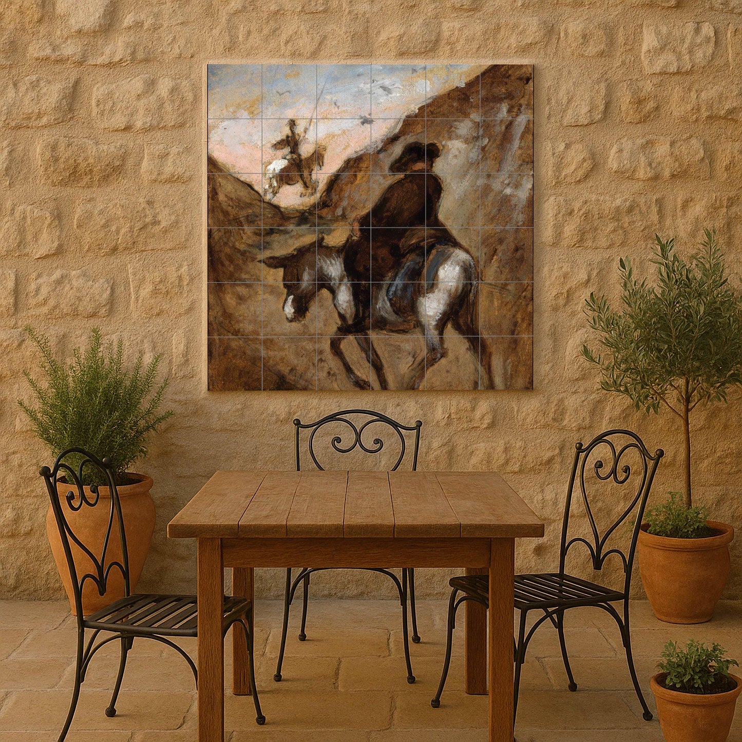 Don Quixote Tile Mural – Ceramic Literary Art Panel – Rustic Spanish Scene with Horse and Donkey – Classic Adventure Wall Decor