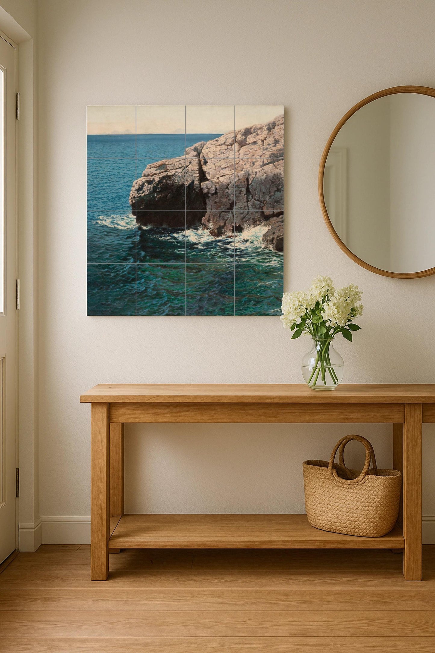Coastal Cliff Tile Mural – Ceramic Panel with Ocean Scene – Mediterranean Sea Wall Art – Naturalistic Marine Decor for Serene Coastal Homes
