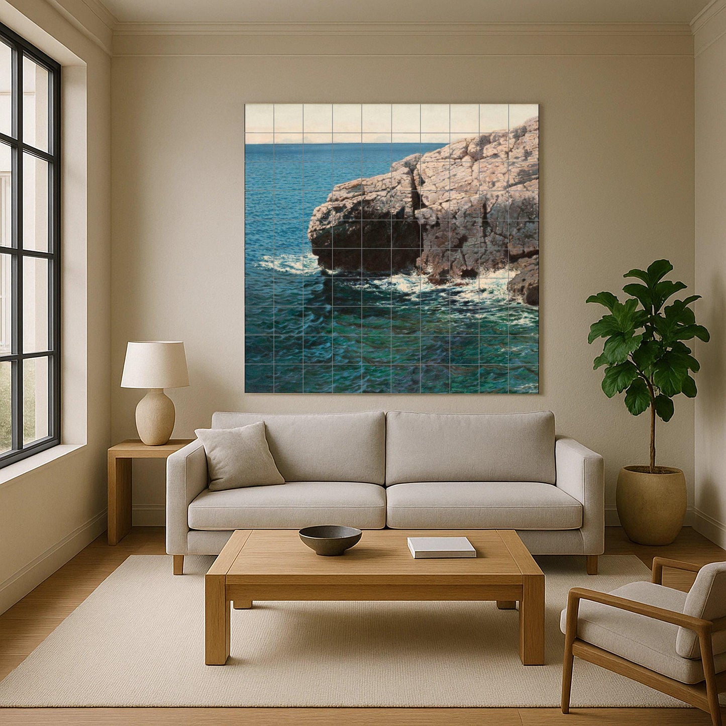 Coastal Cliff Tile Mural – Ceramic Panel with Ocean Scene – Mediterranean Sea Wall Art – Naturalistic Marine Decor for Serene Coastal Homes