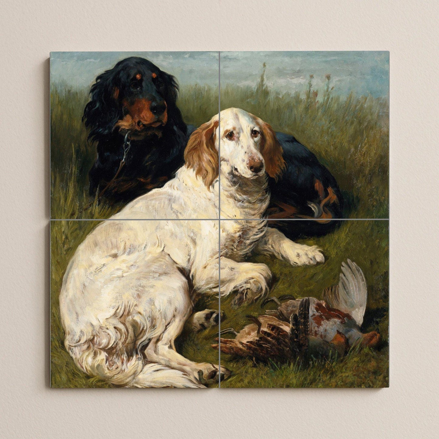 Hunting Dog Tile Mural – Ceramic Panel with Trapped Animals and Birds – Rustic Wall Art with Countryside Scene – Traditional Decor for Dog Lovers