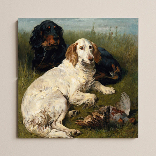 Hunting Dog Tile Mural – Ceramic Panel with Trapped Animals and Birds – Rustic Wall Art with Countryside Scene – Traditional Decor for Dog Lovers