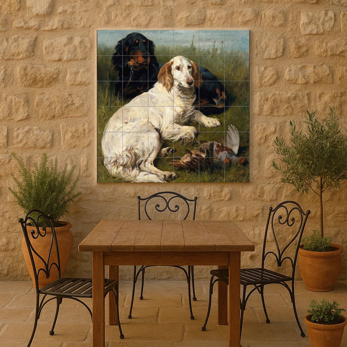 Hunting Dog Tile Mural – Ceramic Panel with Trapped Animals and Birds – Rustic Wall Art with Countryside Scene – Traditional Decor for Dog Lovers