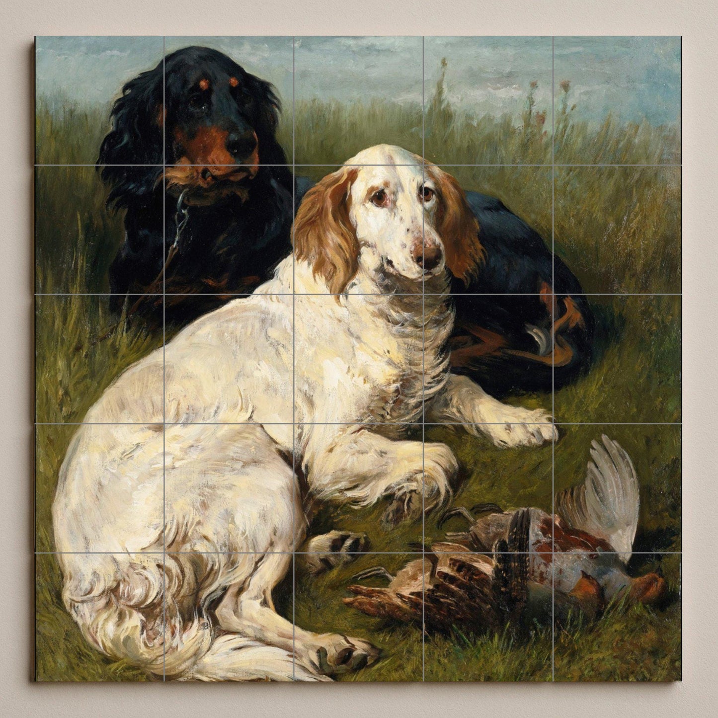 Hunting Dog Tile Mural – Ceramic Panel with Trapped Animals and Birds – Rustic Wall Art with Countryside Scene – Traditional Decor for Dog Lovers