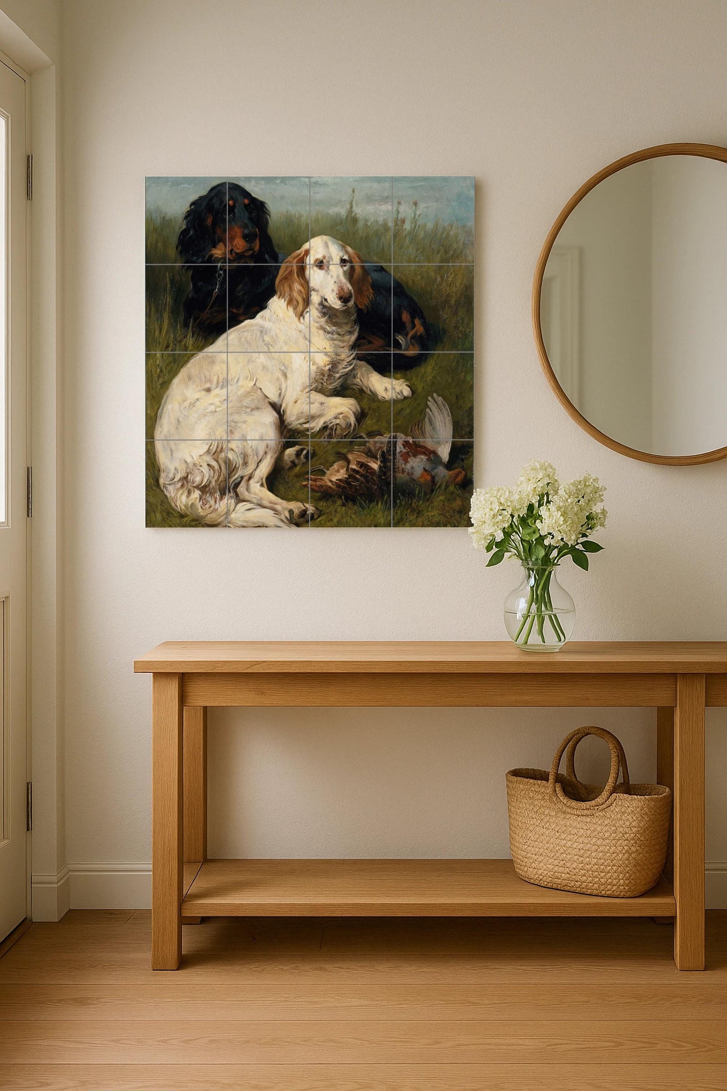 Hunting Dog Tile Mural – Ceramic Panel with Trapped Animals and Birds – Rustic Wall Art with Countryside Scene – Traditional Decor for Dog Lovers