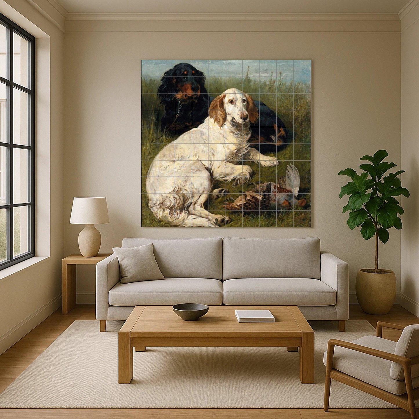 Hunting Dog Tile Mural – Ceramic Panel with Trapped Animals and Birds – Rustic Wall Art with Countryside Scene – Traditional Decor for Dog Lovers