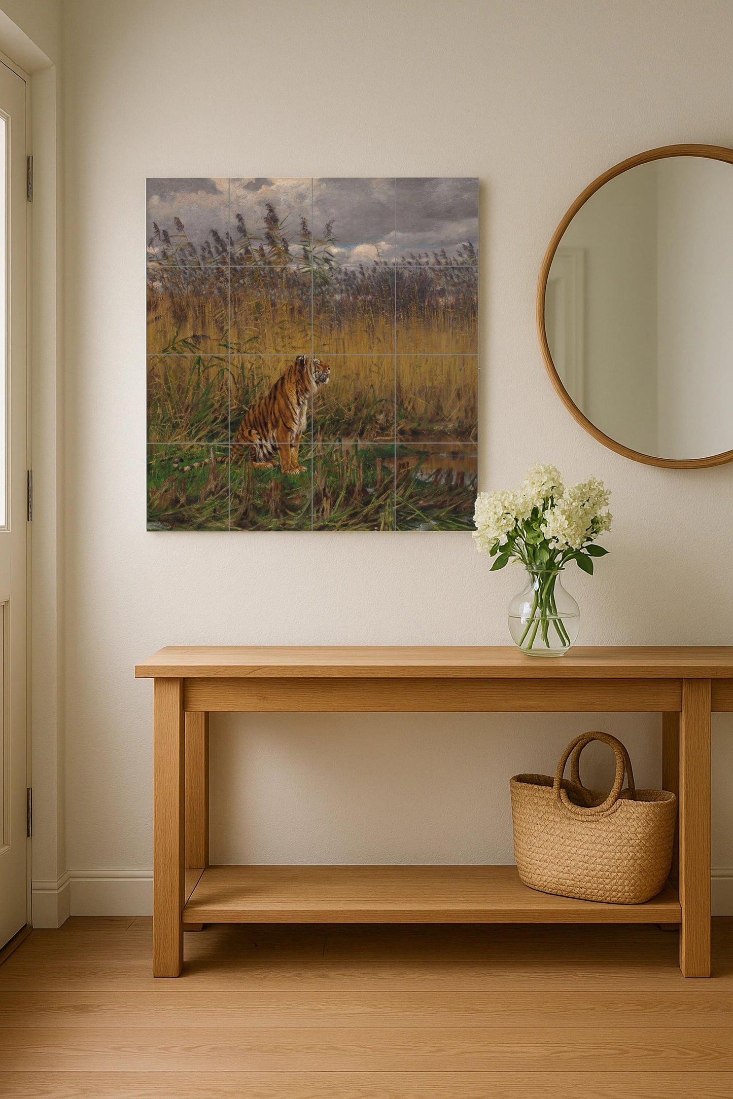 "Tiger Among the Reeds" Tile Mural – Ceramic Wildlife Panel with Swamp Scene – Atmospheric Animal Art – Jungle Wall Decor for Nature Lovers